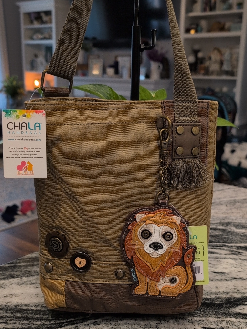 Chala Kids Olive and Brown Lion Patch Crossbody Bag with Charm